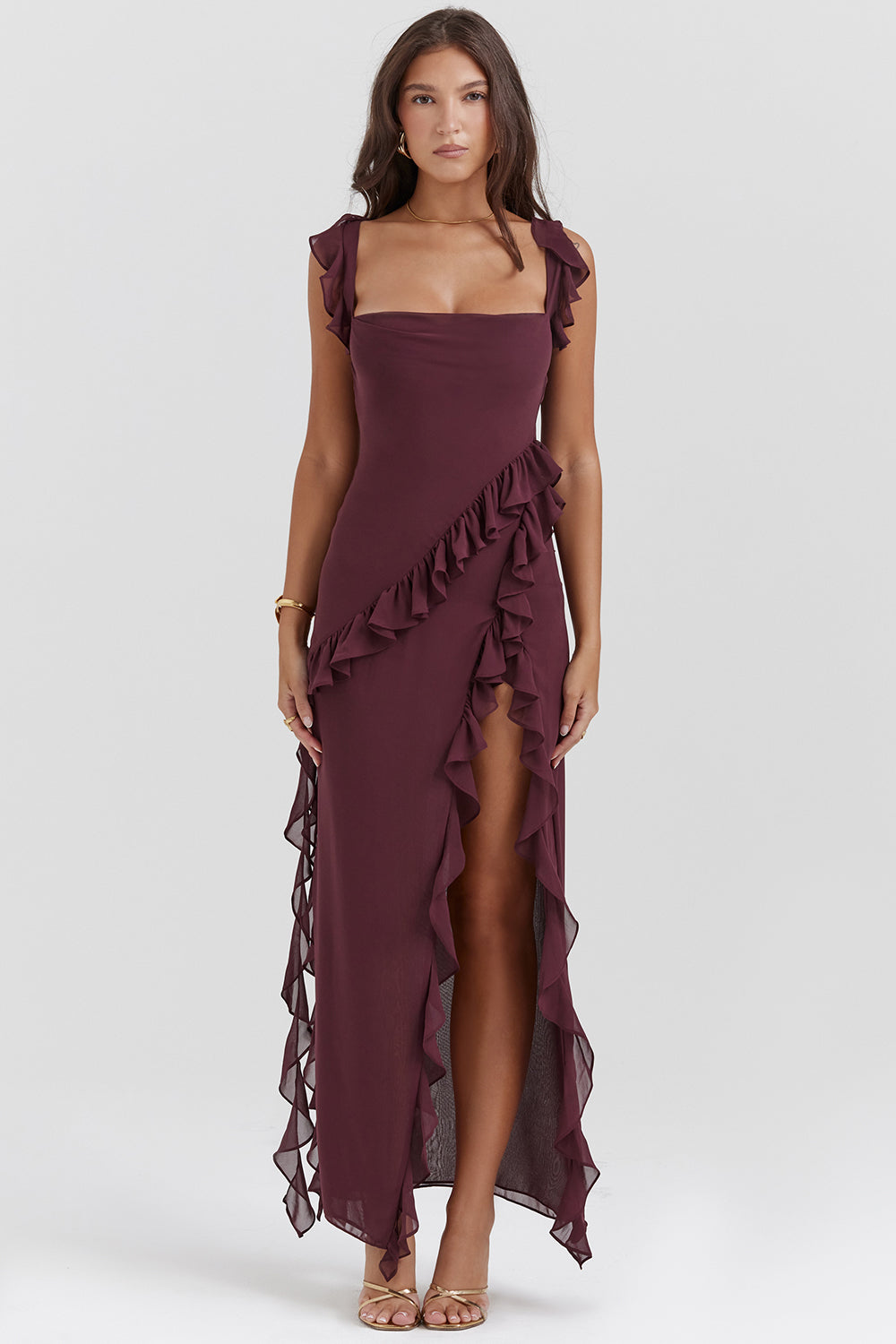 HOUSE OF CB ARIELA MULBERRY RUFFLE MAXI DRESS SIZE 6, 8, 10