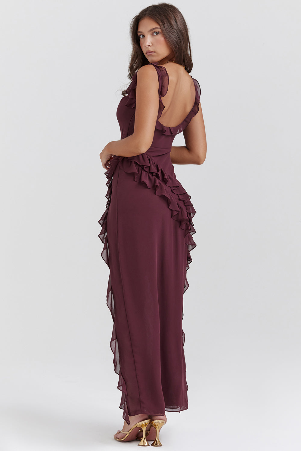 HOUSE OF CB ARIELA MULBERRY RUFFLE MAXI DRESS SIZE 6, 8, 10