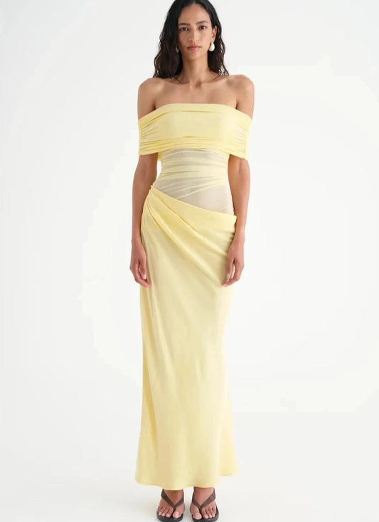 BENNI NICO OFF SHOULDER MAXI DRESS IN BUTTER SIZE 8, 10