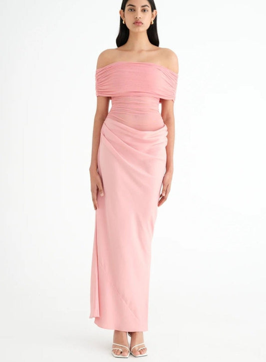 BENNI NICO OFF SHOULDER MAXI DRESS CANDY FLOSS PINK SIZE 6