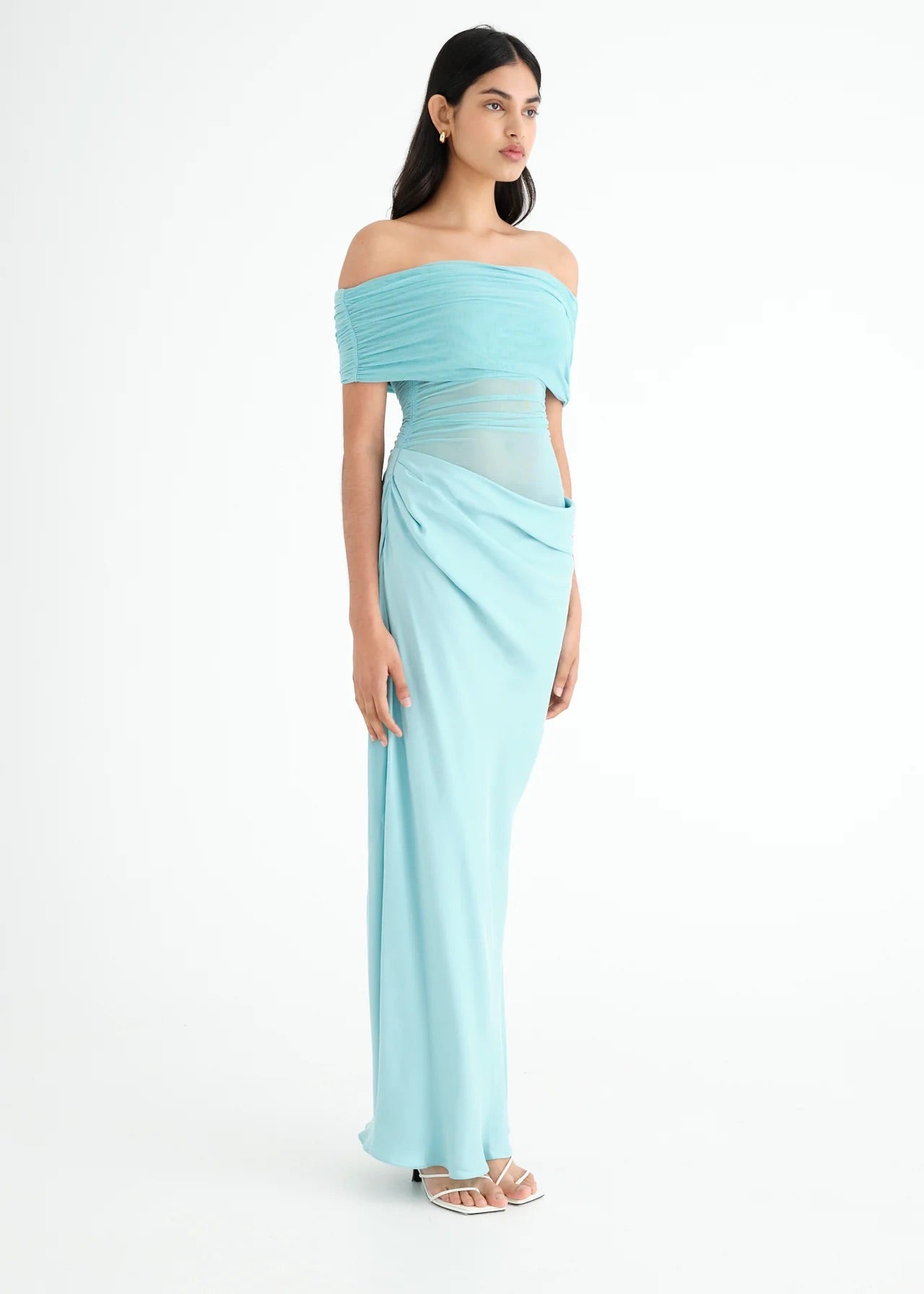 BENNI NICO OFF SHOULDER MAXI DRESS IN AQUAMARINE SIZE 8