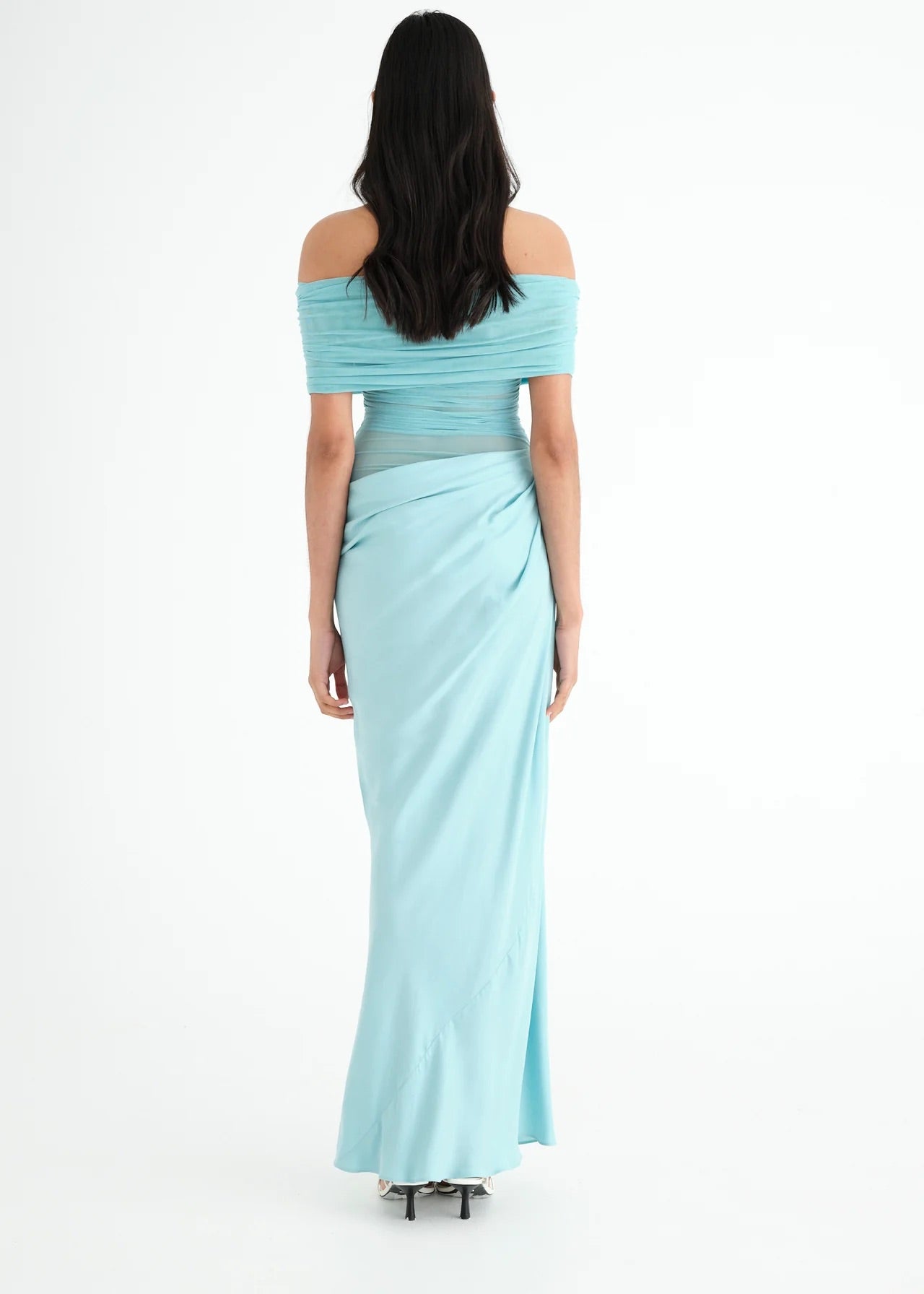 BENNI NICO OFF SHOULDER MAXI DRESS IN AQUAMARINE SIZE 8