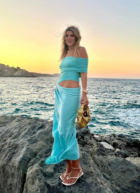 BENNI NICO OFF SHOULDER MAXI DRESS IN AQUAMARINE SIZE 8