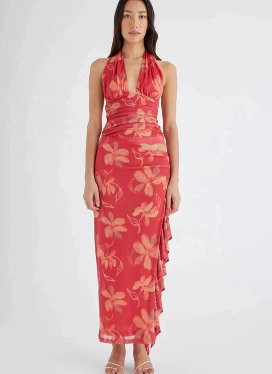 BENNI PENELOPE HALTER MAXI DRESS HIBISCUS FLORAL SIZE 8, 10