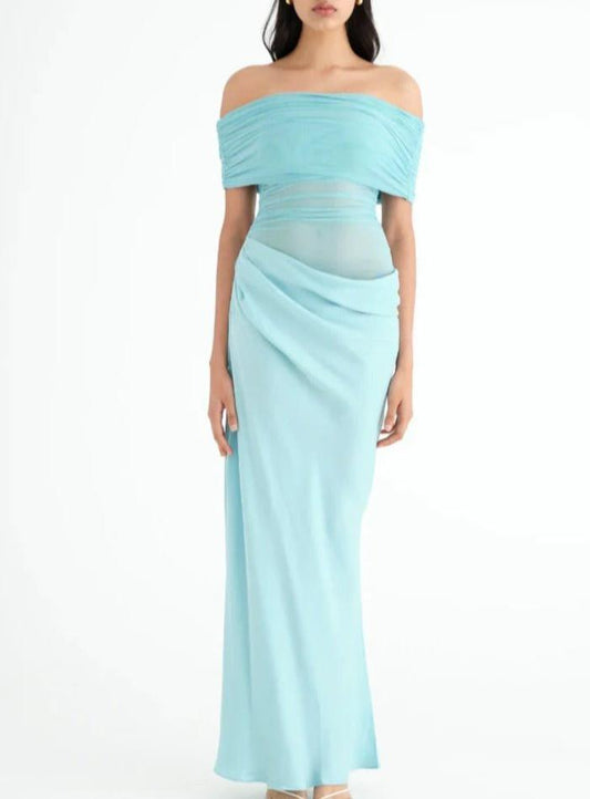 BENNI NICO OFF SHOULDER MAXI DRESS IN AQUAMARINE SIZE 8