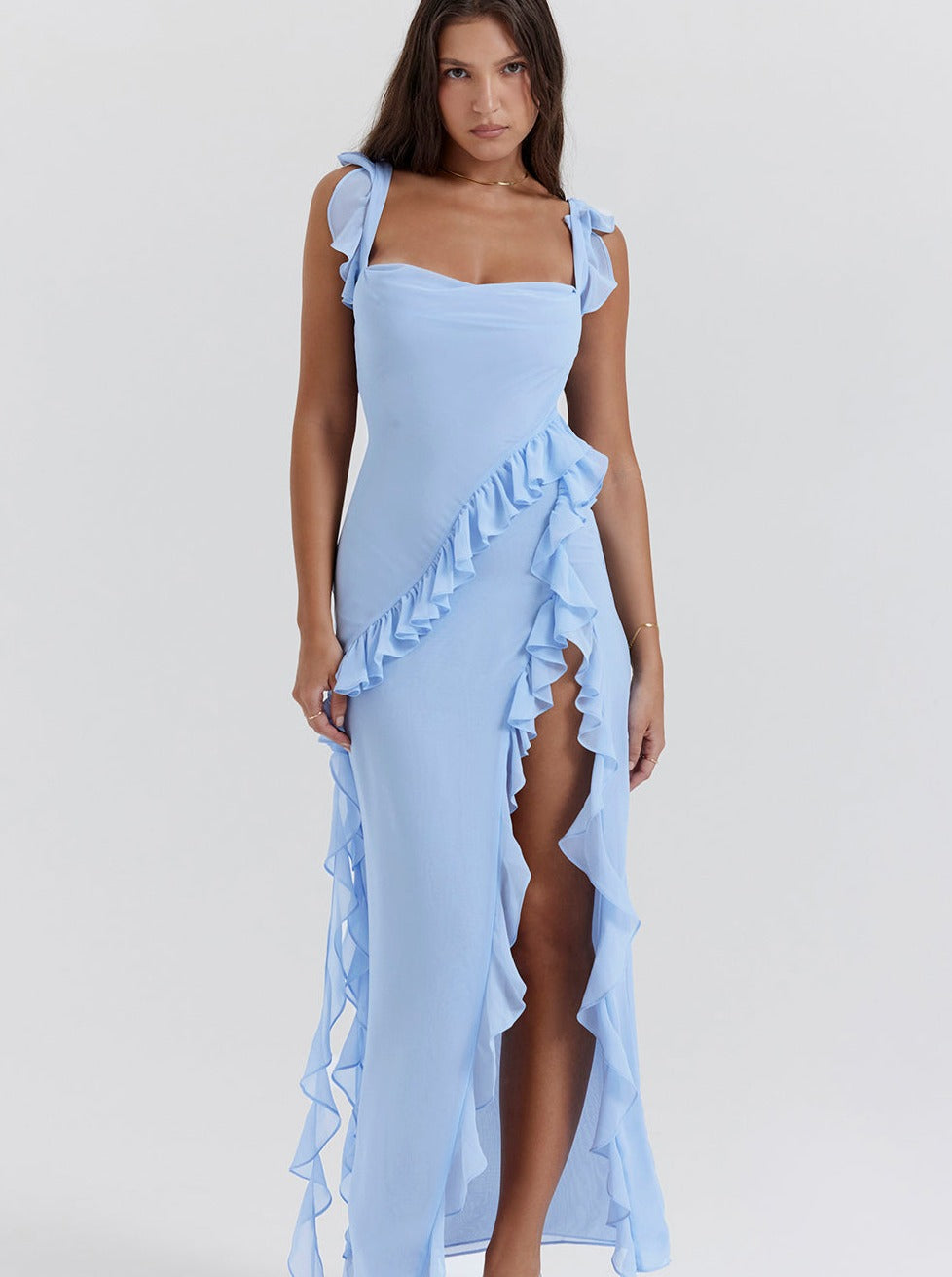 HOUSE OF CB ARIELA RUFFLE MAXI BLUE DRESS SIZE 8,10,12