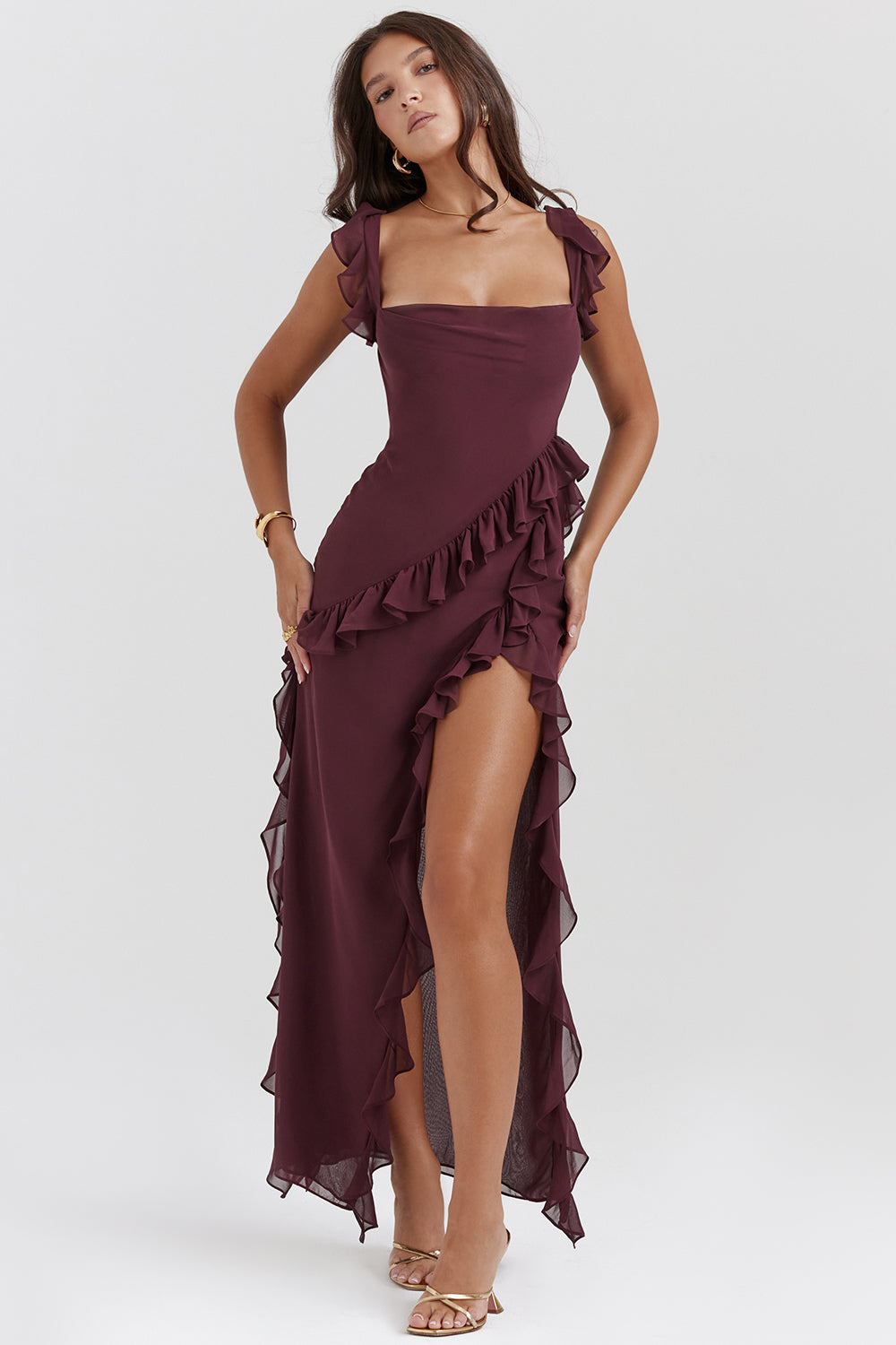 HOUSE OF CB ARIELA MULBERRY RUFFLE MAXI DRESS SIZE 6, 8, 10