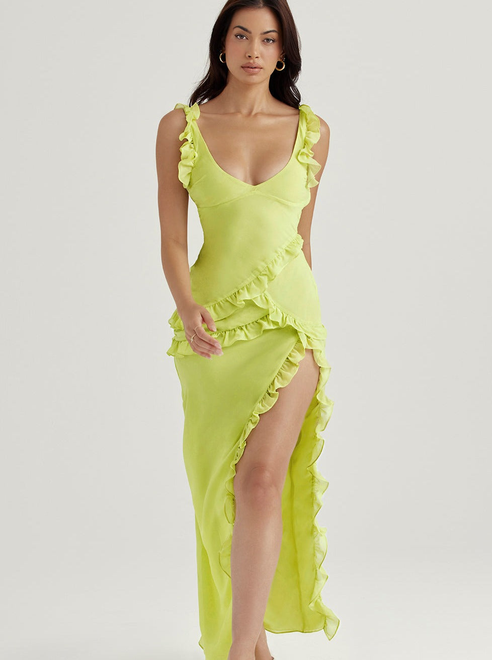 HOUSE OF CB PIXIE LIME RUFFLE MAXI DRESS SIZE 8,10